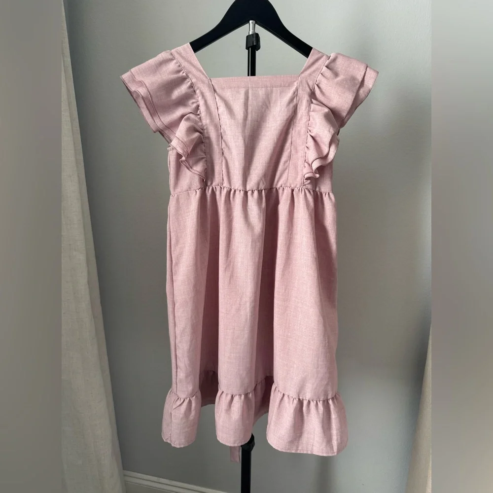 Pink Ruffled Kids Dress-Linen - Picture 3 of 6